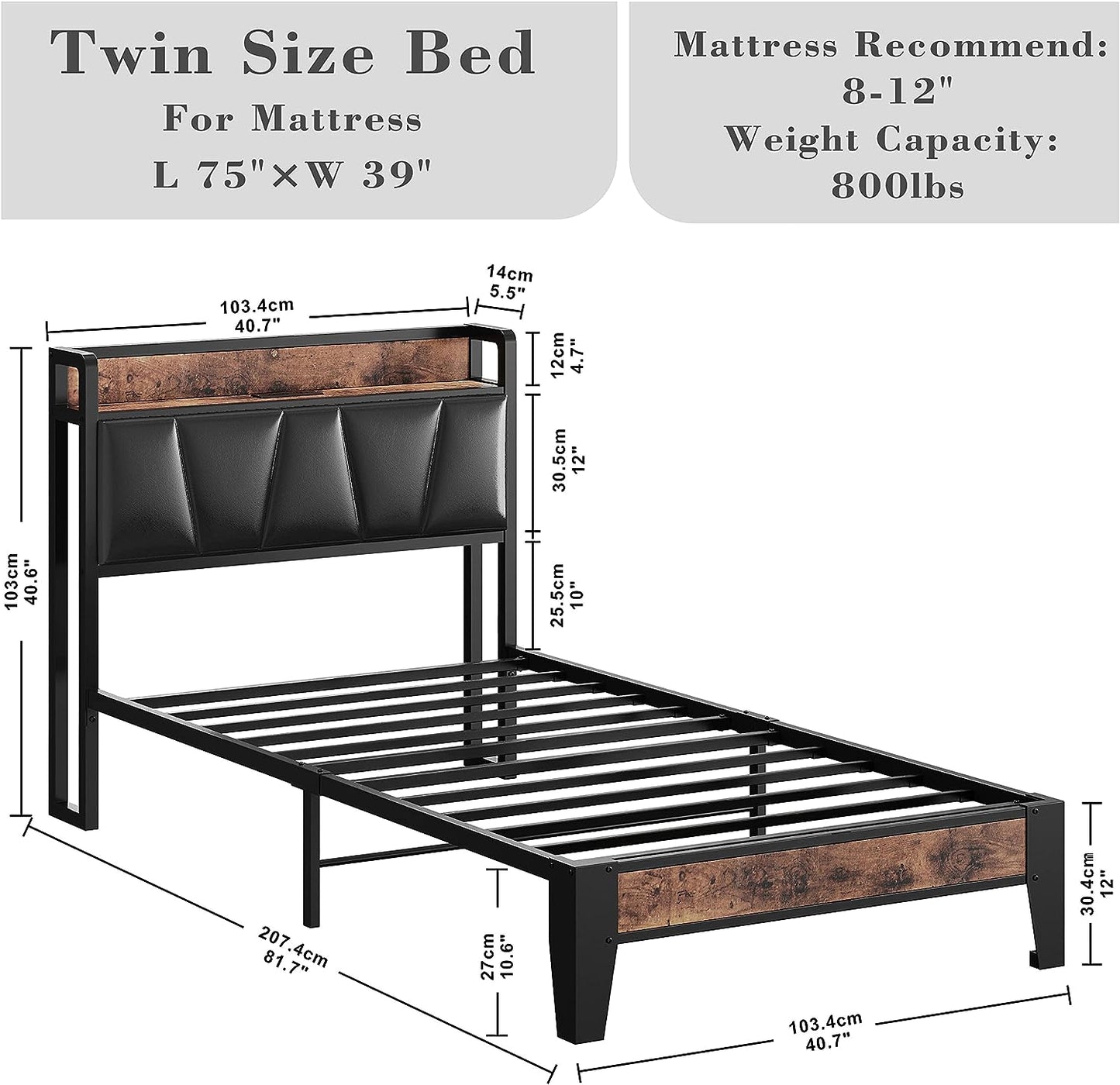 LIKIMIO Storage Headboard Bed Frame with Charging Station Black