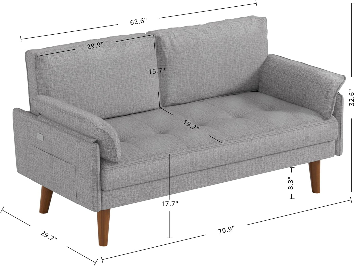 70" Modern Loveseat Sofa with USB Port & Solid Wood Legs - Comfy Fabric, Button Tufted (Gray)