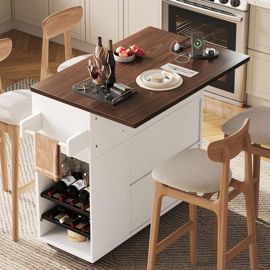 LIKIMIO 51" Mobile Kitchen Island Cart with Drop Leaf & Power Outlet