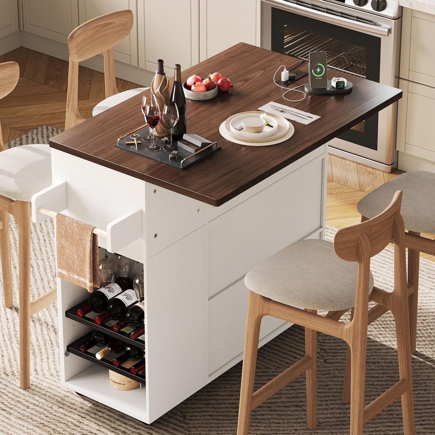 LIKIMIO 51" Mobile Kitchen Island Cart with Drop Leaf & Power Outlet