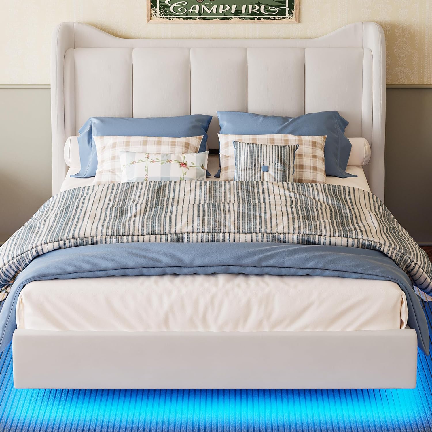 LIKIMIO LED & Velvet Upholstered Platform Bed Frame