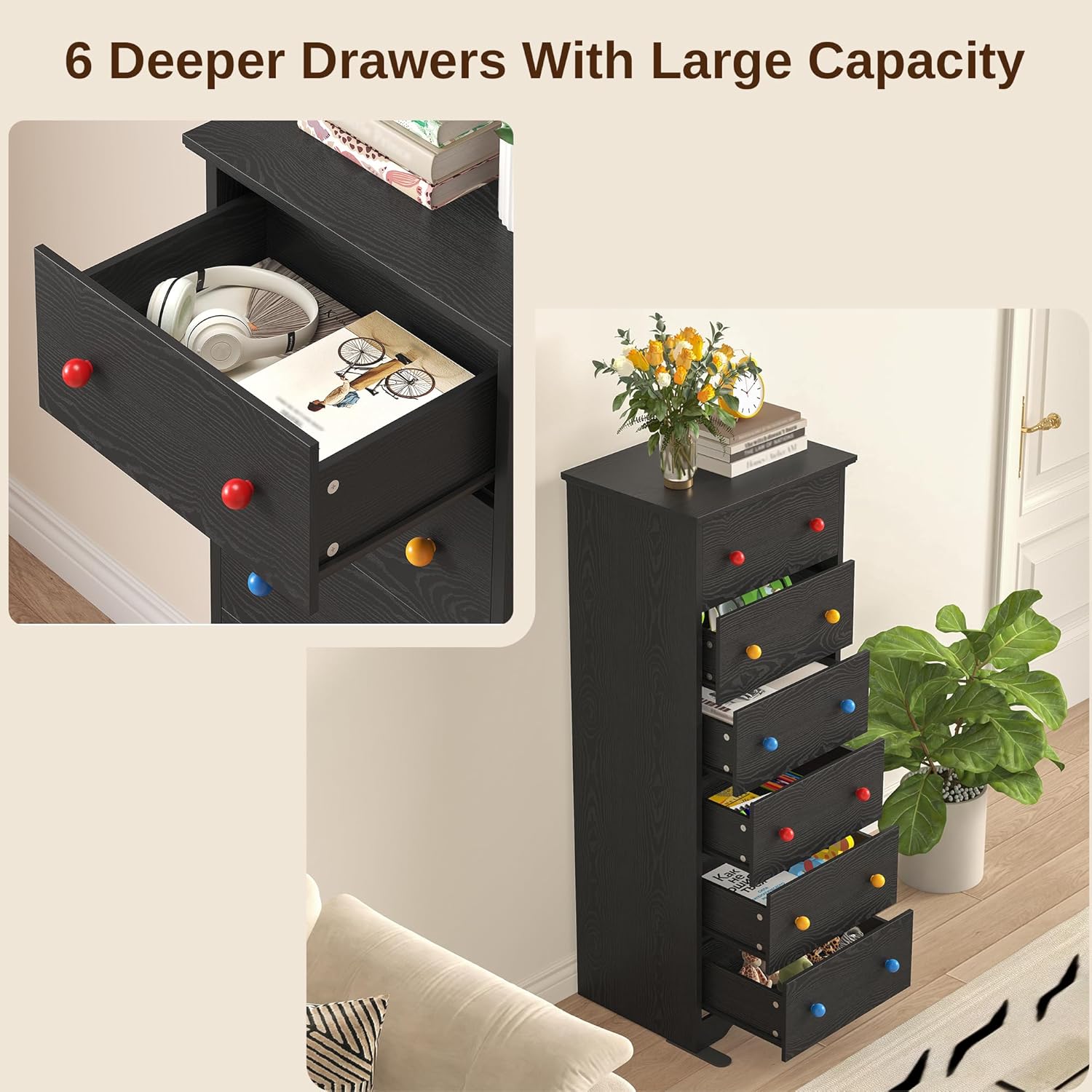 LIKIMIO Wooden 6 Drawer Tallboy (51.5")