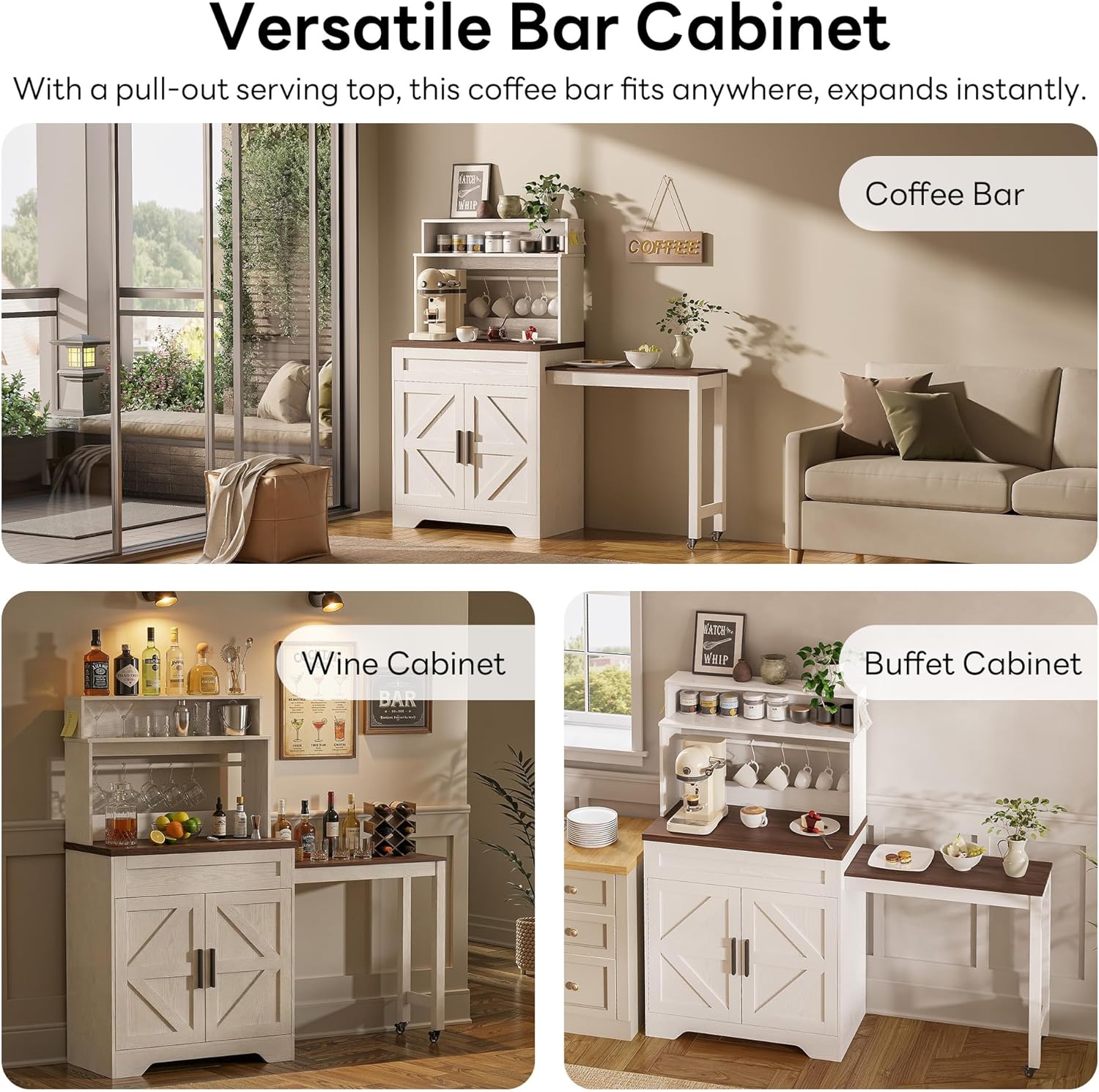 LIKIMIO 57" Coffee Bar Cabinet with Extendable Table & Magnetic Board, White