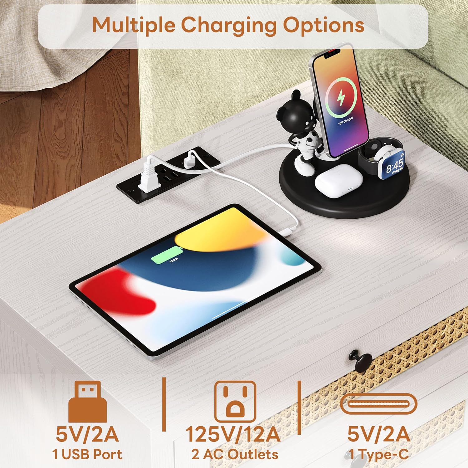 LIKIMIO Rattan Charging Nightstand