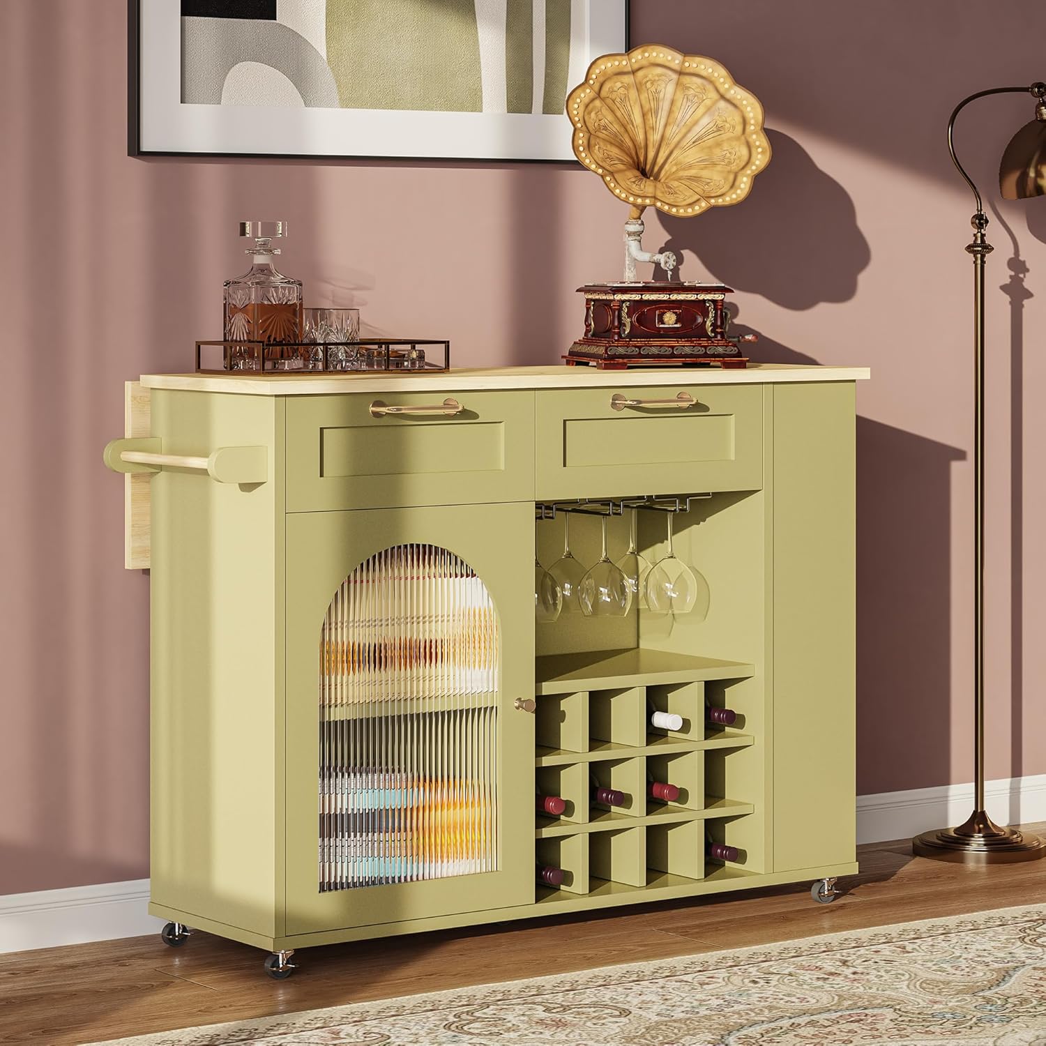 LIKIMIO Kitchen Island on Wheels with Power Outlet & Drop Leaf, Green
