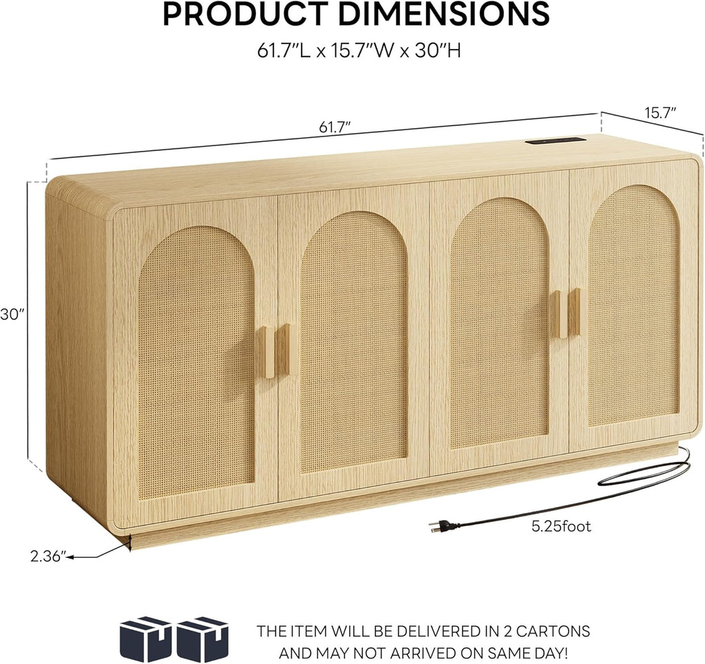 LIKIMIO Rattan Storage Cabinet with LED Lights & Power Outle, Natural