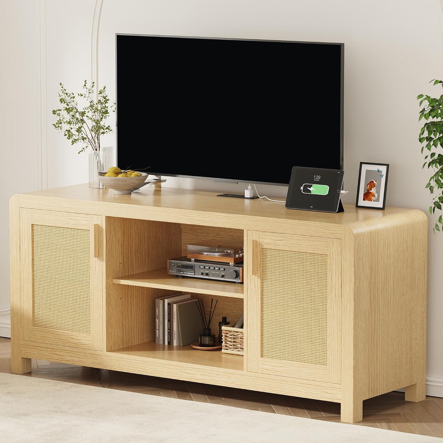 LIKIMIO TV Stand with Power Outlet for TVs up to 65", Natural