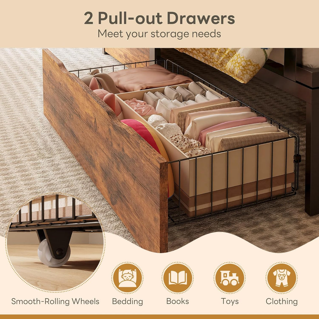 LIKIMIO Twin Bed Frame with 2 Storage Drawers, House Bed, Vintage Brown and Black