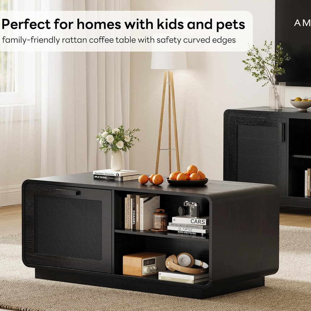 LIKIMIO 39.4" Rattan Coffee Table with Storage Drawers, Black