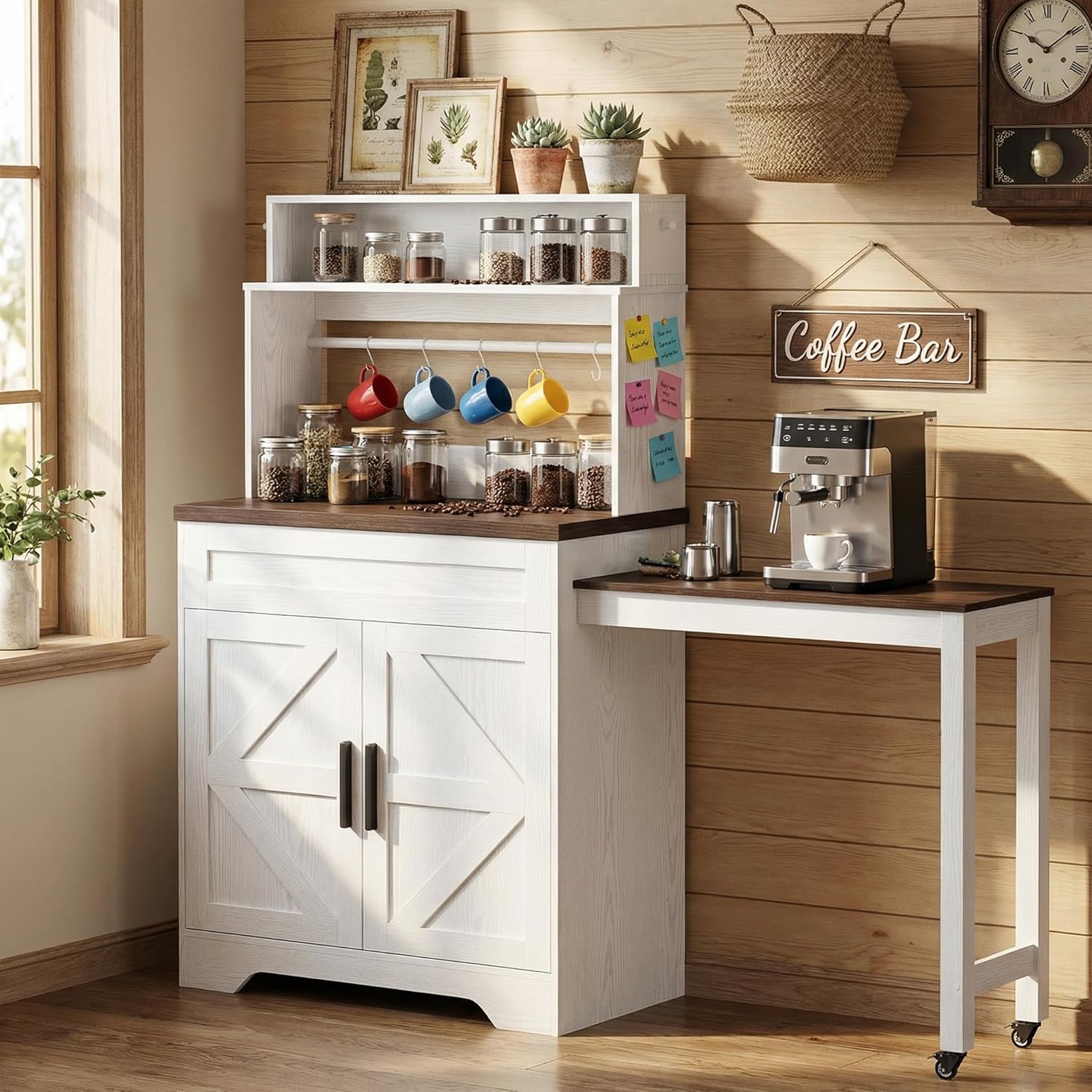 LIKIMIO 57" Farmhouse Coffee Bar Cabinet with Extendable Table & Locking Wheels, Mobile Kitchen Island Storage Cart with Magnetic Board, 5 Hooks, Adjustable Shelf, Space Saving for Apartment, White