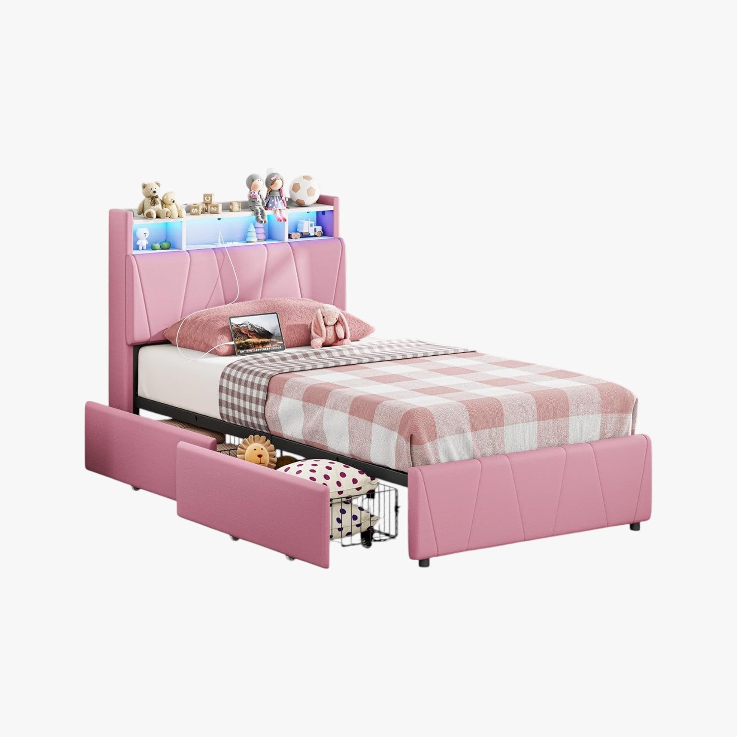 LIKIMIO Twin Bed Frame with Charging Station & LED Lights, Pink