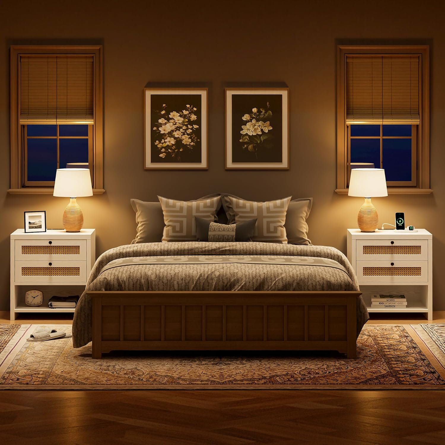 LIKIMIO Rattan Charging Nightstand Set