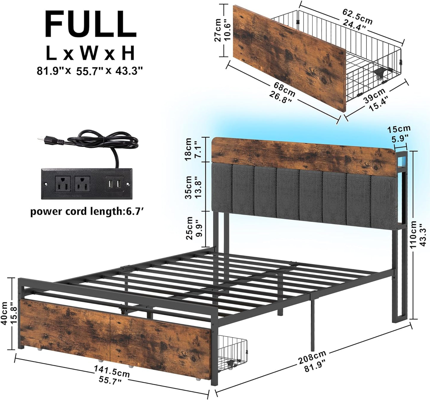 LED Bed Frame with Storage Headboard