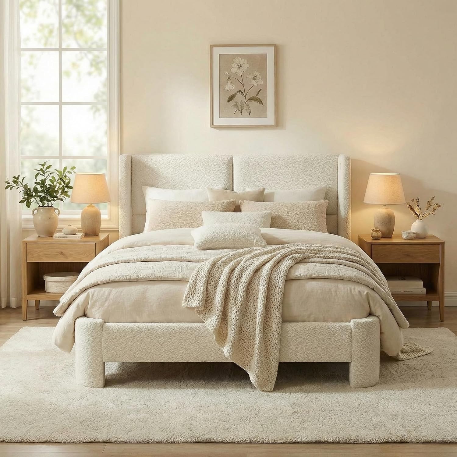 LIKIMIO Full Bed Frame with Headboard, with USB Ports, Cream White