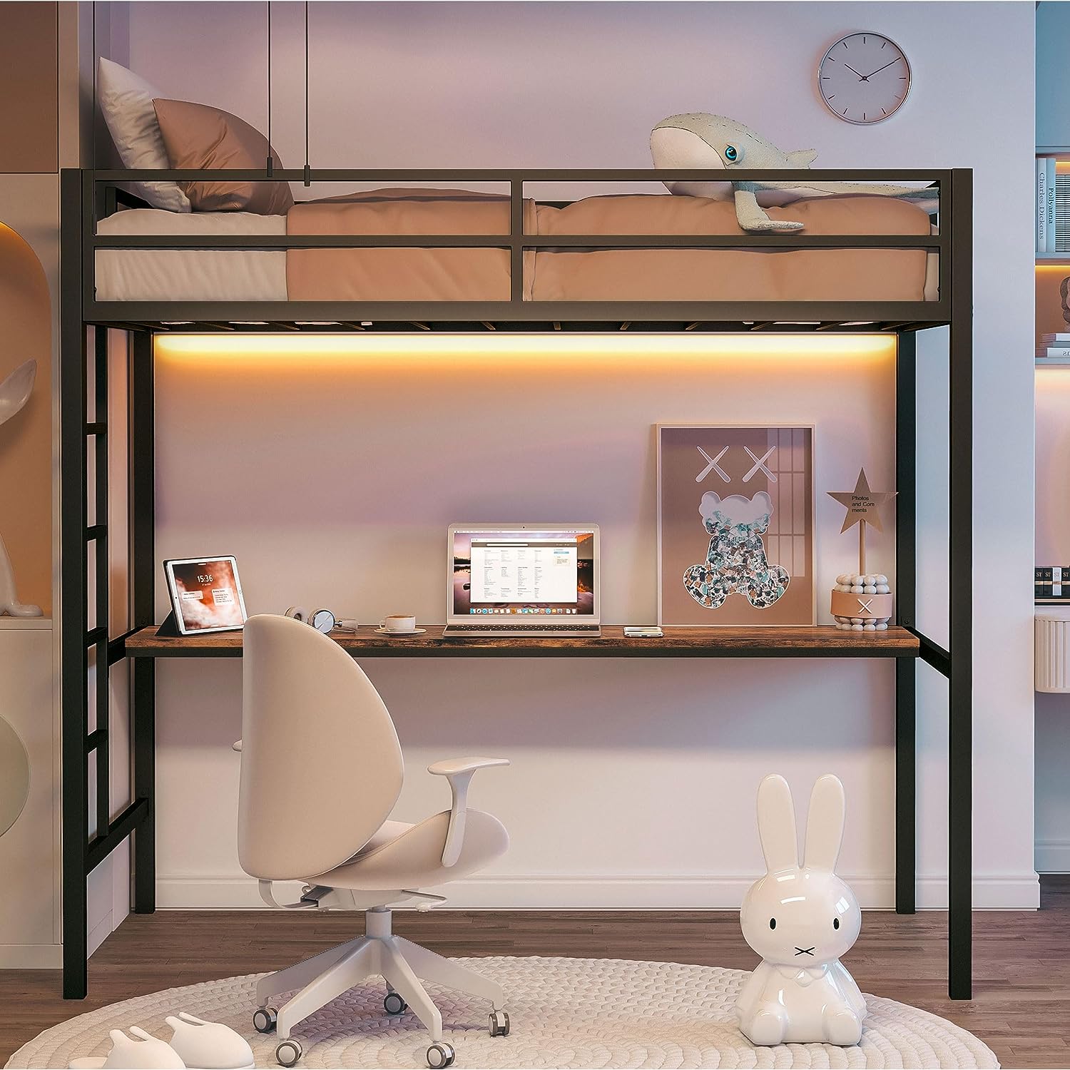 LIKIMIO LED Metal Loft Bed Frame