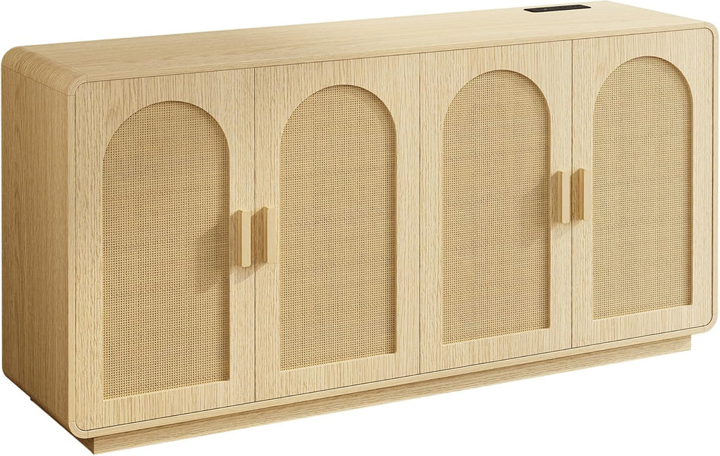 LIKIMIO Rattan Storage Cabinet with LED Lights & Power Outle, Natural