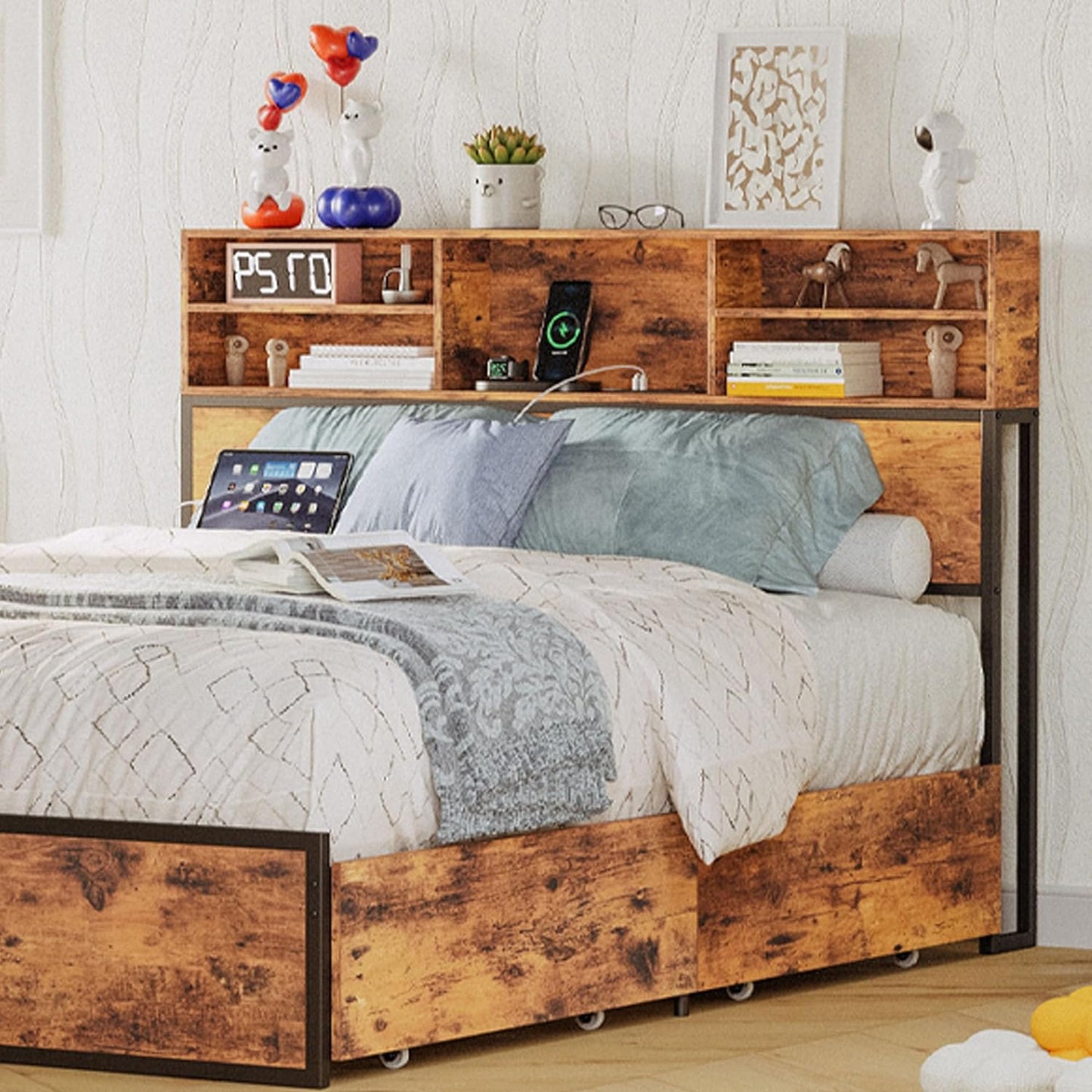 Bookcase Headboard Queen Bed frame with 4 Storage Drawers