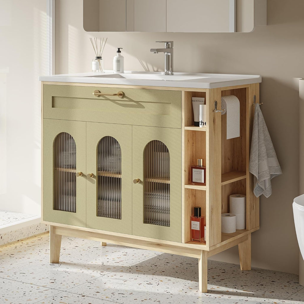 LIKIMIO 36 Inch Bathroom Vanity with Sink, Arched Glass Door Storage with Adjustable Shelf, 36" Single Sink Vanity