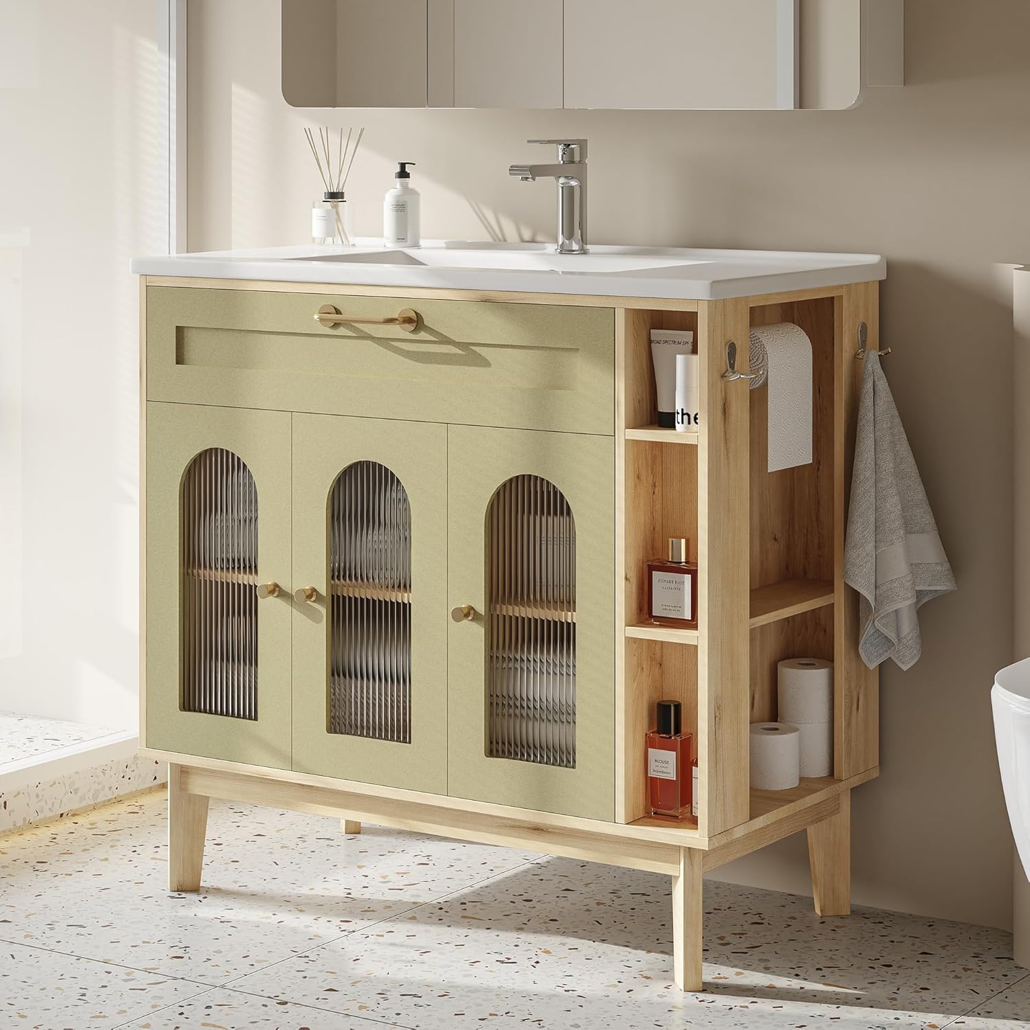 LIKIMIO 36 Inch Bathroom Vanity with Sink, Arched Glass Door Storage with Adjustable Shelf, 36" Single Sink Vanity