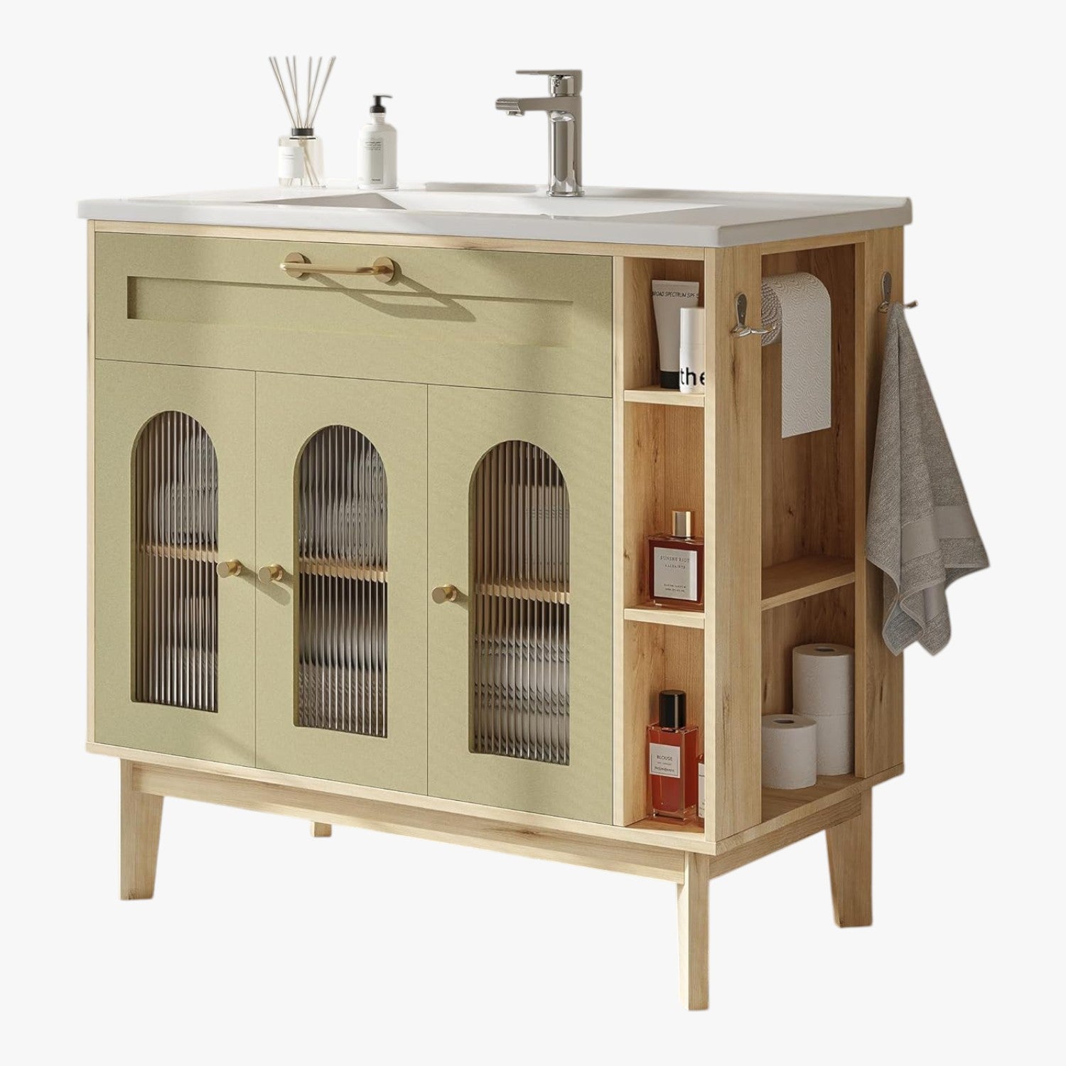 LIKIMIO 36 Inch Arched Glass Door Bathroom Vanity with Sink