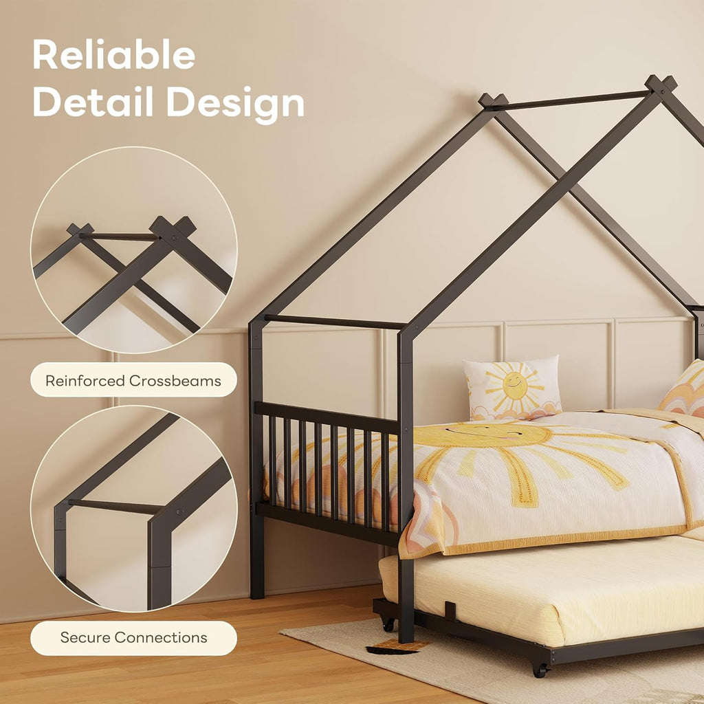 LIKIMIO Twin Daybed with Trundle, DIY House Bed Frame with Raised Headboard & Footboard, Convertible Sofa Bed with Lockable Casters, NO Box Spring Needed, Ideal for Bedroom, Guest Room, Black