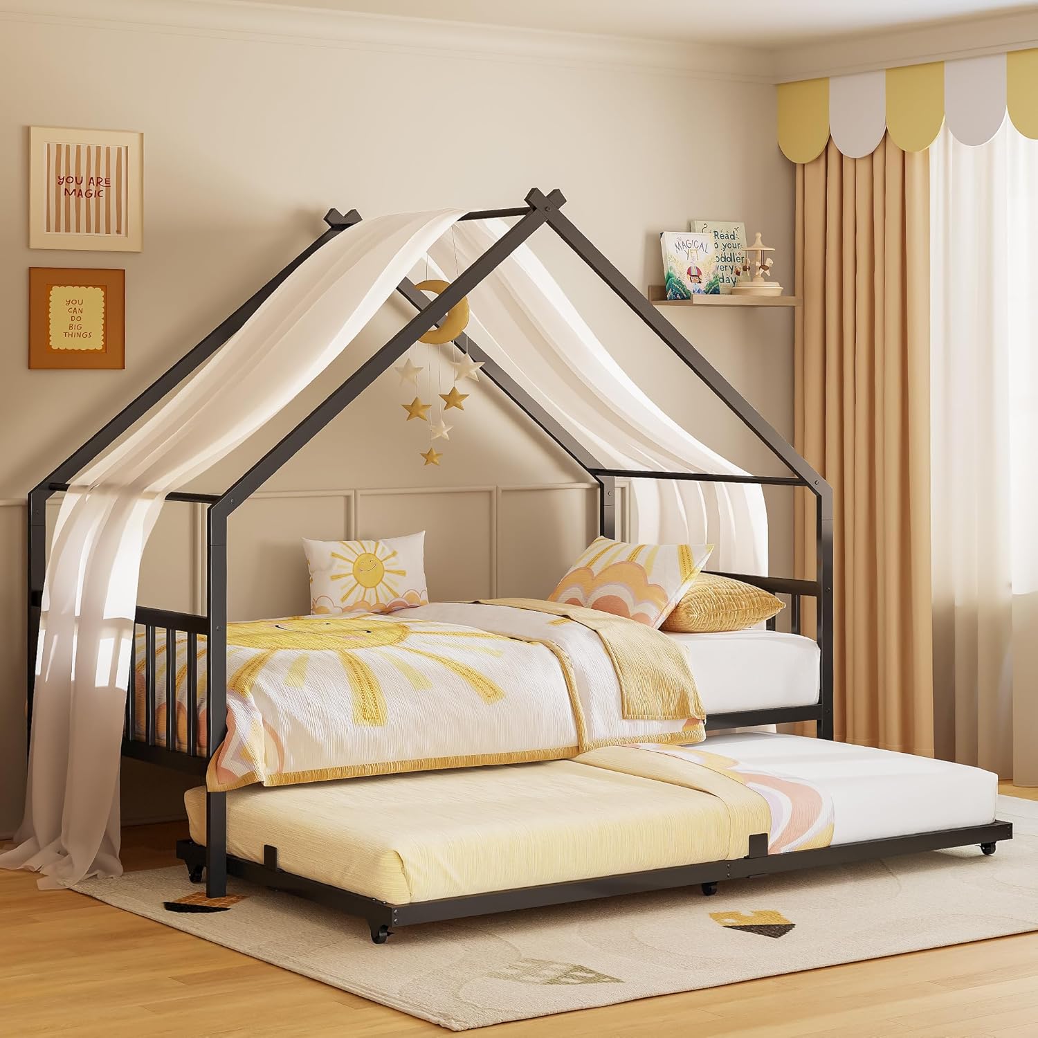 LIKIMIO Twin Daybed with Trundle, DIY House Bed Frame with Raised Headboard & Footboard, Convertible Sofa Bed with Lockable Casters, NO Box Spring Needed, Ideal for Bedroom, Guest Room, Black