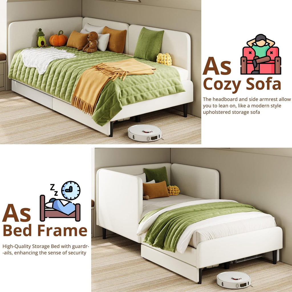 LIKIMIO Twin Daybed with Headboard, Corner Bed Frame with Bed Rails and Storage Drawers, Solid Support, for Bedroom Guest Room, Cream