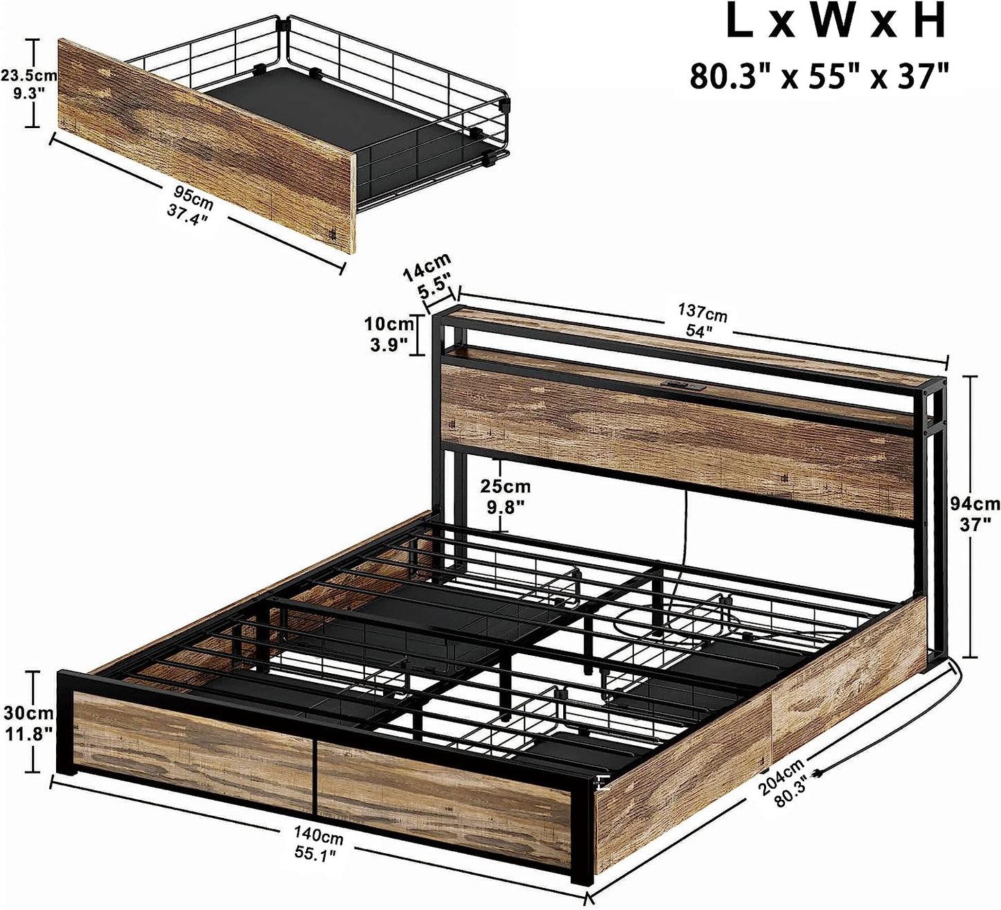 Rustic Brown Full Bed Frame with 4 Drawers