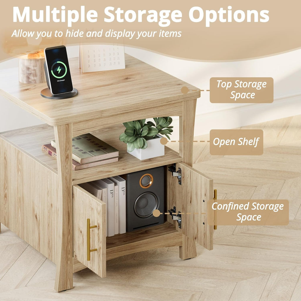 LIKIMIO 23.6" Wood Nightstand with Charging Station, Oak