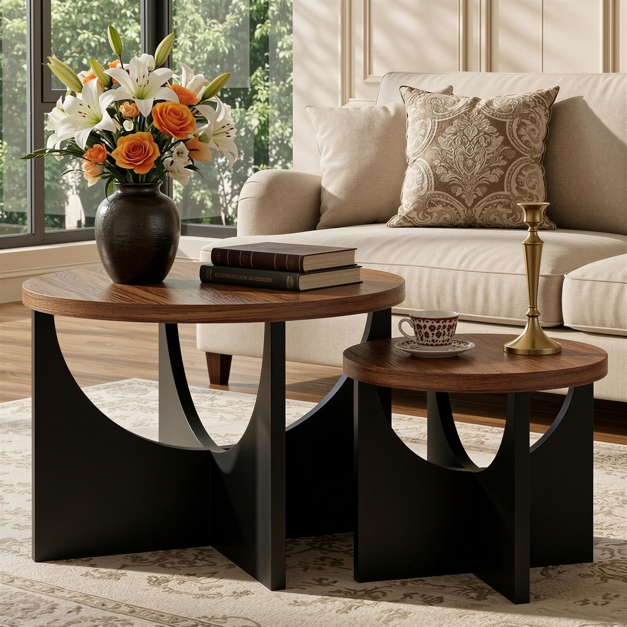 LIKIMIO 31.5" Nesting Round Side Coffee Tables Set of 2,  Walnut