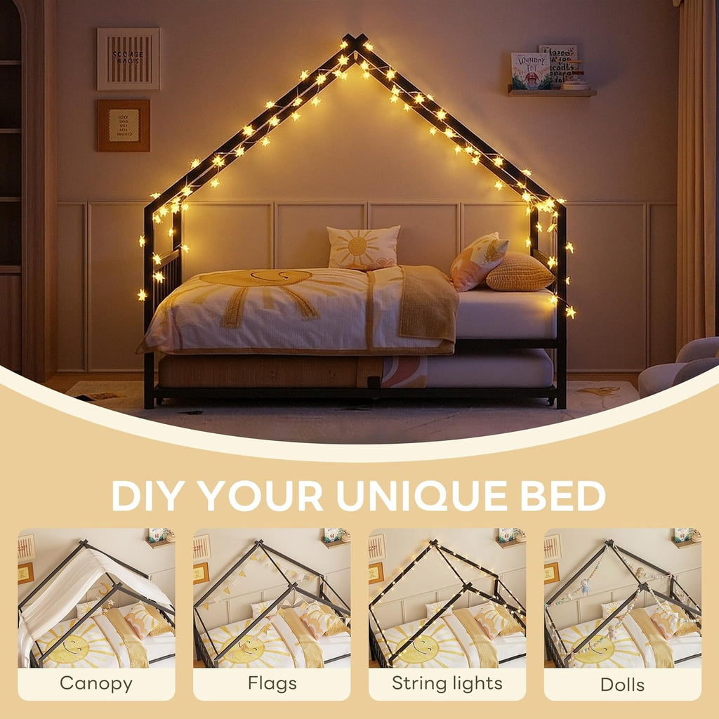 LIKIMIO Twin Daybed with Trundle, DIY House Bed Frame with Raised Headboard & Footboard, Convertible Sofa Bed with Lockable Casters, NO Box Spring Needed, Ideal for Bedroom, Guest Room, Black