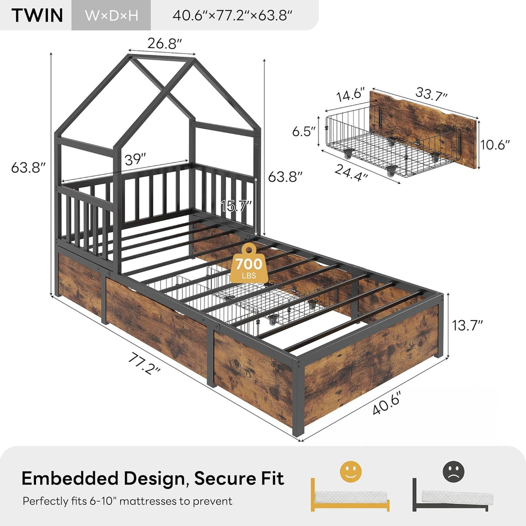 LIKIMIO Twin Bed Frame with 2 Storage Drawers, House Bed, Vintage Brown and Black