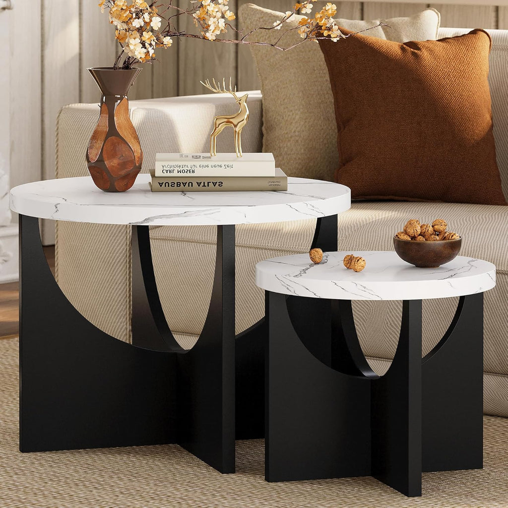 LIKIMIO 31.5" Nesting Round Side Coffee Tables Set of 2,  Walnut