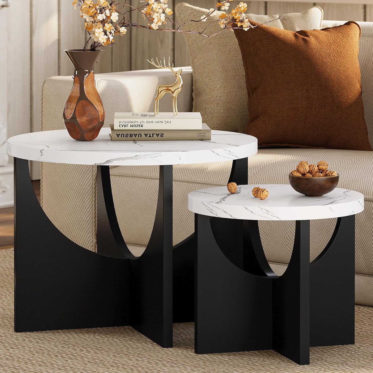 LIKIMIO 31.5" Nesting Round Side Coffee Tables Set of 2,  Walnut