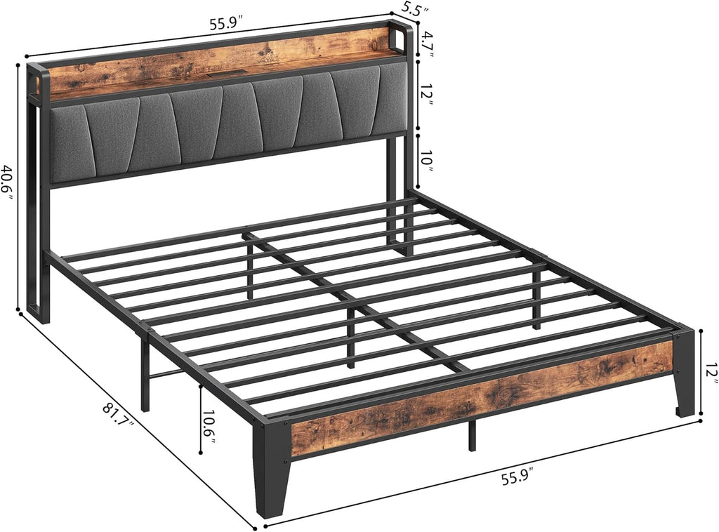 LIKIMIO Full Bed Frame, Storage Headboard with Charging Station
