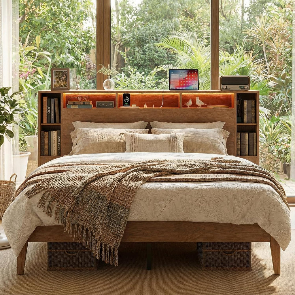 LIKIMIO Queen Bed Frame, with Charging Station & LED Lights, Natural Color