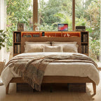 LIKIMIO Queen Bed Frame, with Charging Station & LED Lights, Natural Color