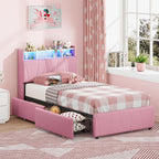 LIKIMIO Twin Bed Frame with Charging Station & LED Lights, Pink