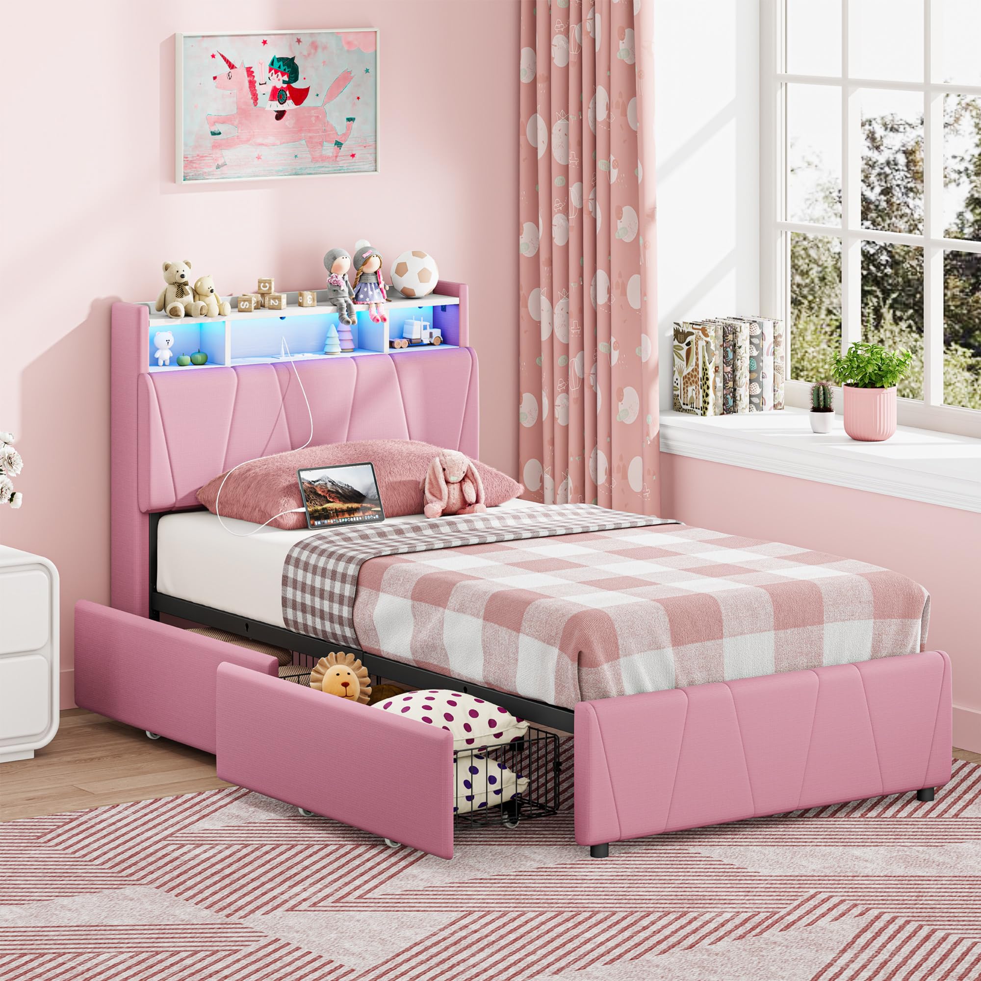 LIKIMIO Twin Bed Frame with Charging Station & LED Lights, Pink