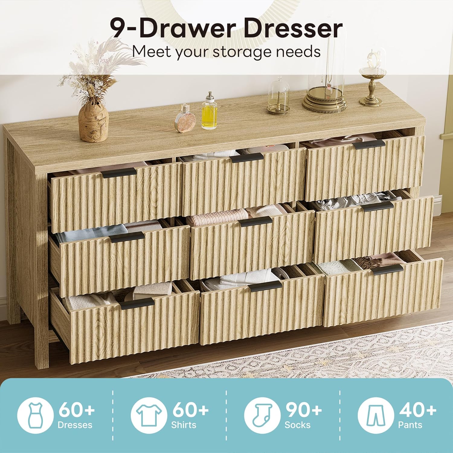 LIKIMIO 9-Drawer Wooden Drawer Dresser (59”)