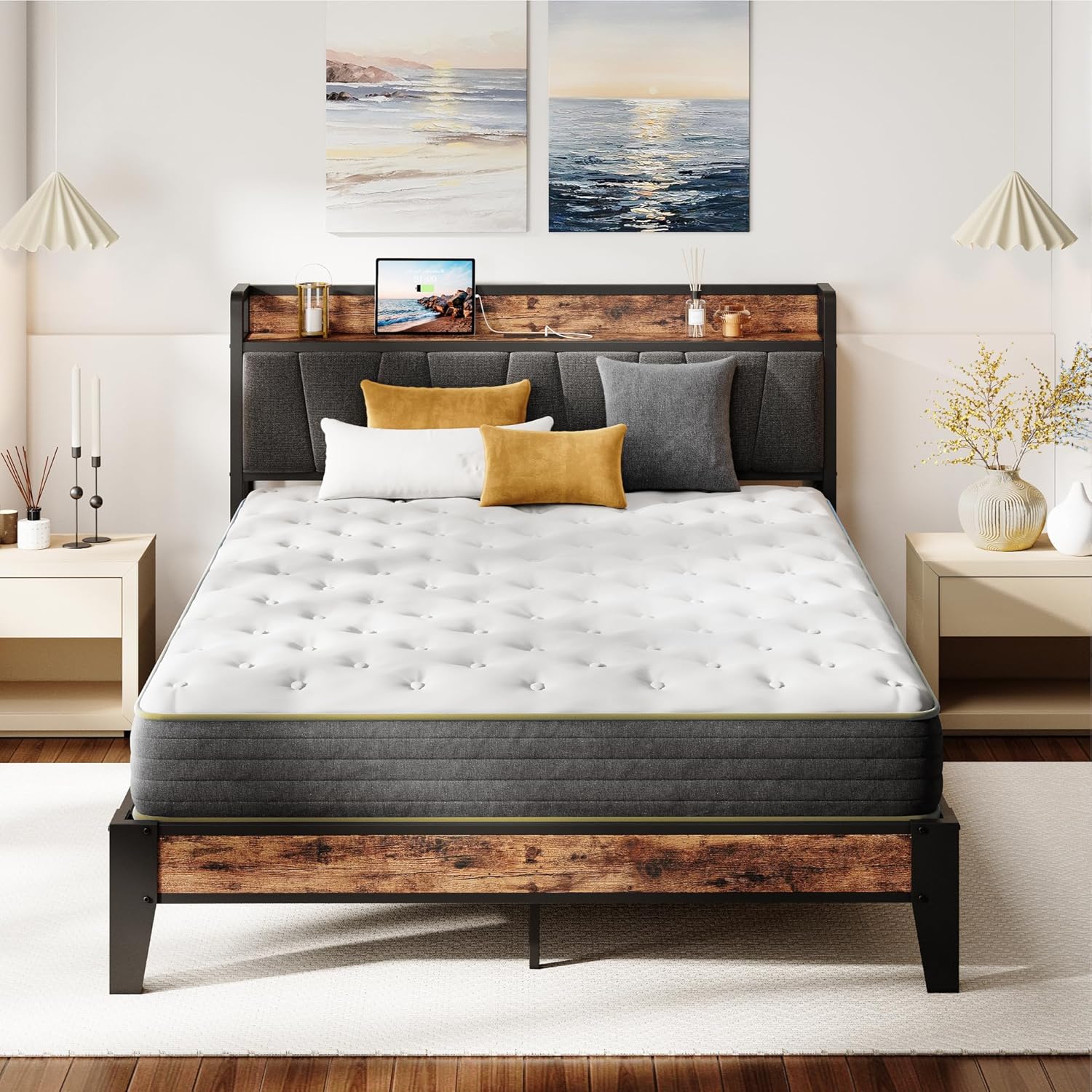 LIKIMIO Full Bed Frame, Storage Headboard with Charging Station