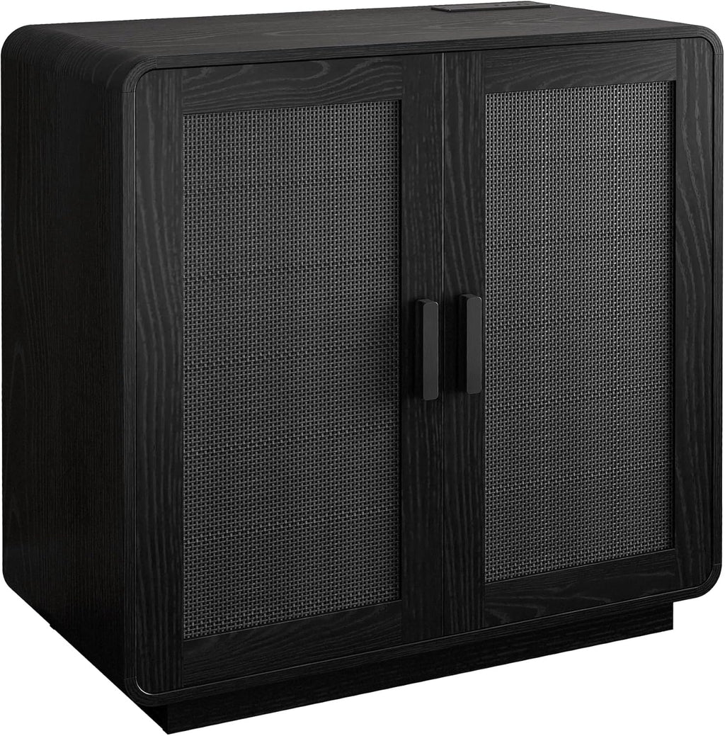 LIKIMIO Rattan Cabinet with LED Lights & Power Outlet, Black