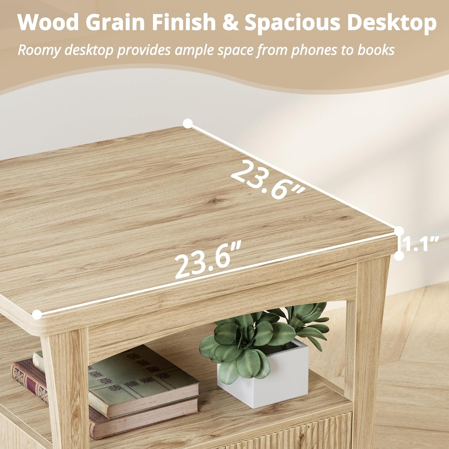 LIKIMIO 23.6" Wood Nightstand with Charging Station, Oak