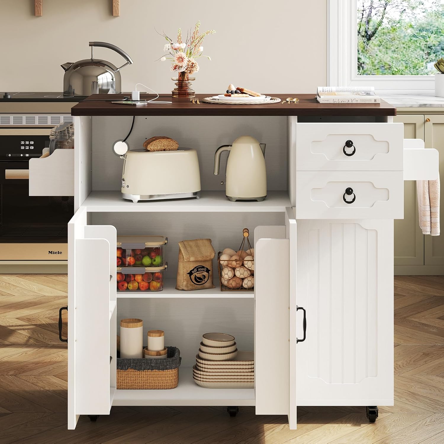 LIKIMIO 51" Mobile Kitchen Island Cart with Drop Leaf & Power Outlet