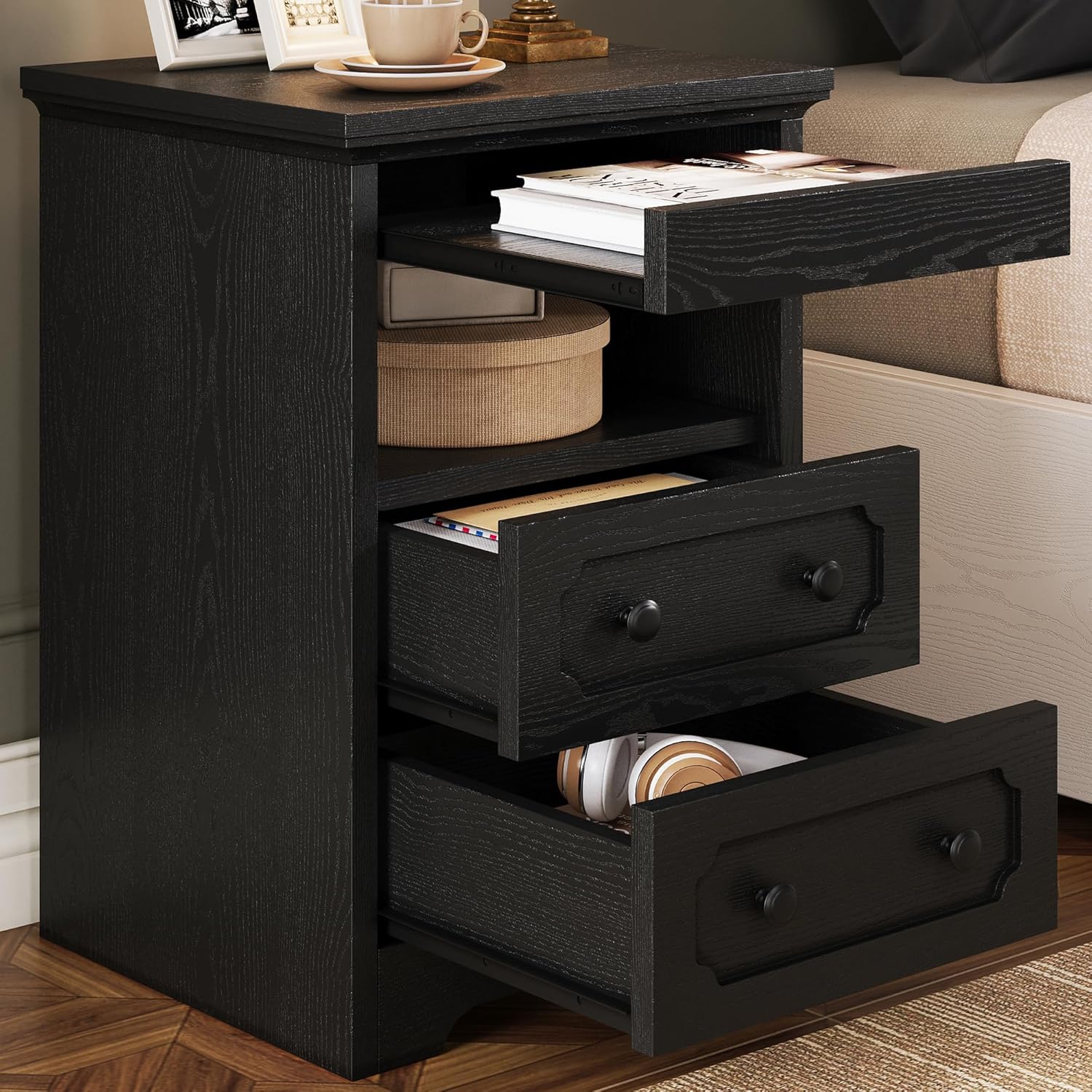 LIKIMIO Wooden Pull Out Tray Nightstand