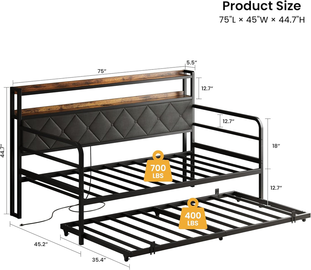LIKIMIO Twin Daybed with Trundle, 700lbs Capacity, LED Lights & Charging Station, Black