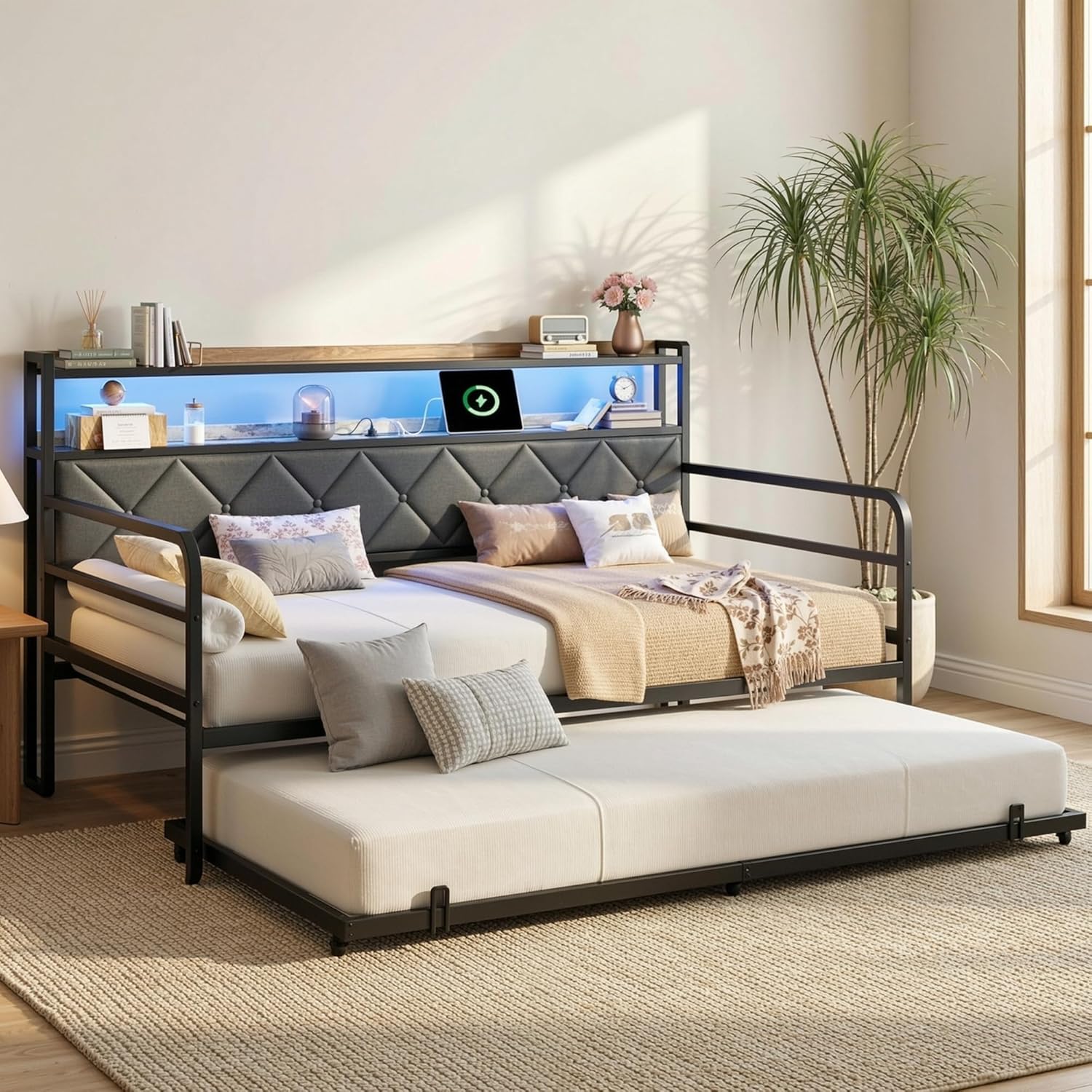 LIKIMIO Twin Daybed with Trundle,  LED Lights & Charging Station, White