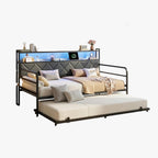 LIKIMIO Twin Daybed with Trundle, 700lbs Capacity, LED Lights & Charging Station, Black