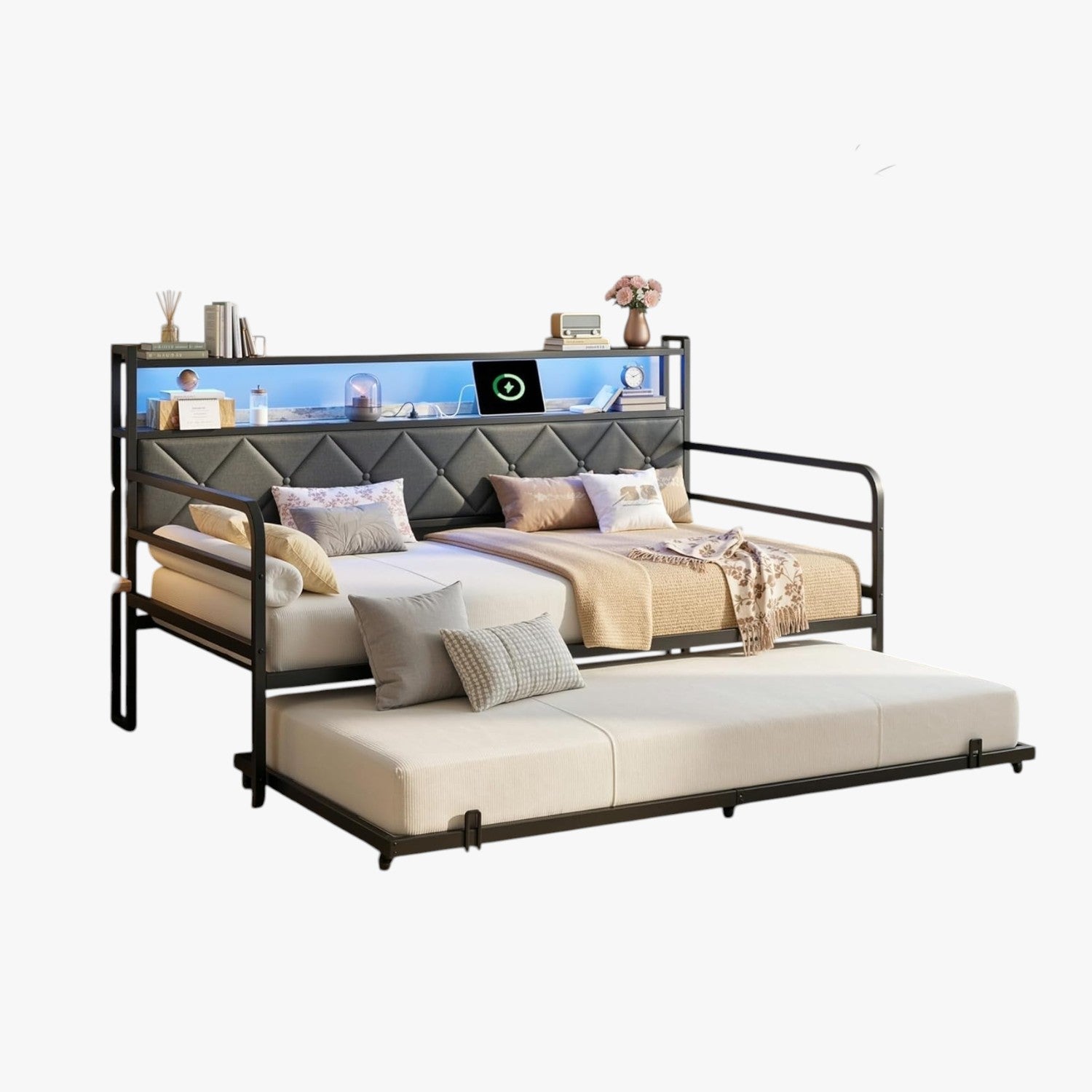 LIKIMIO Twin Daybed with Trundle, 700lbs Capacity, LED Lights & Charging Station, Black