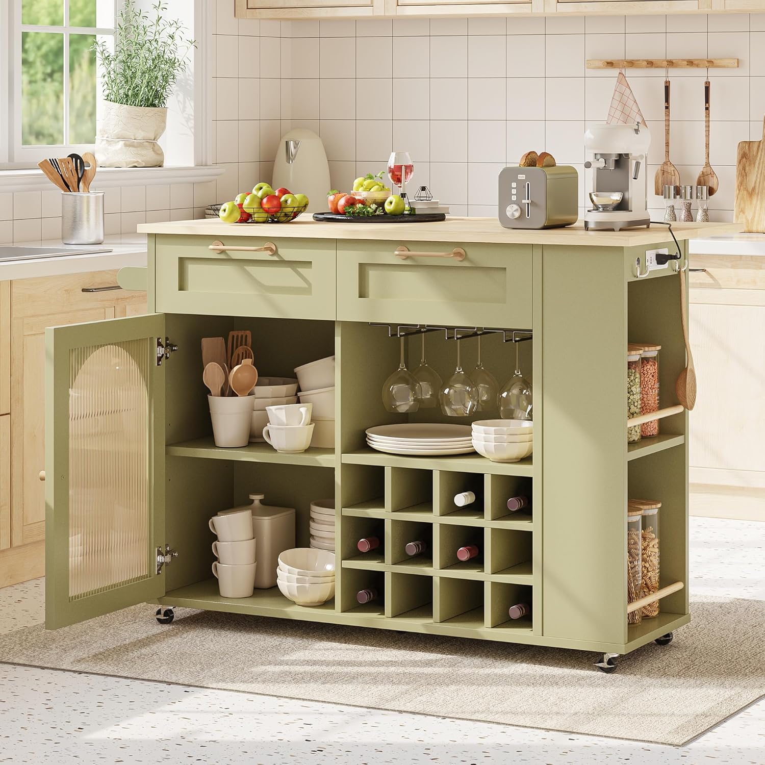 LIKIMIO Kitchen Island on Wheels with Power Outlet & Drop Leaf, Green